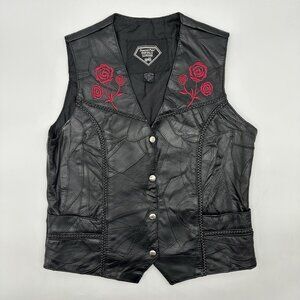 Diamond Plate Buffalo Size Medium Black Leather Rose Embroidered Leather Vest